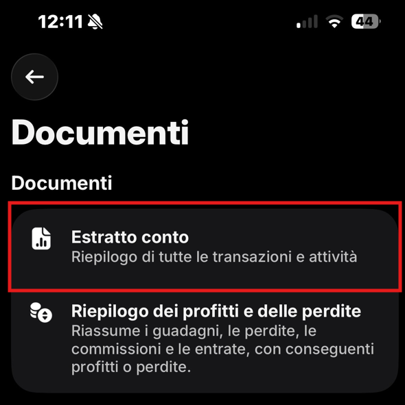 Schermata Documenti con la voce Estratto conto evidenziata