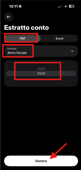 Estratto conto formato PDF, periodo Anno fiscale, pulsante Genera