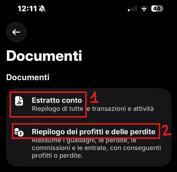 Schermata Documenti con Estratto conto (1) e Riepilogo profitti e perdite (2)