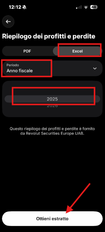 Riepilogo profitti e perdite formato Excel, anno fiscale, pulsante Ottieni estratto