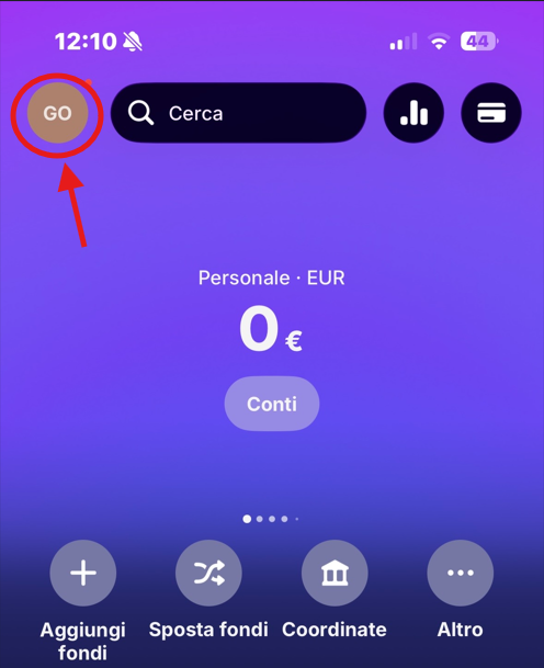 Pagina principale Revolut con il profilo in alto a sinistra