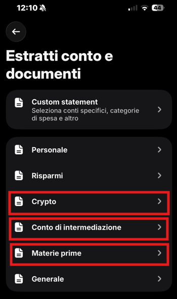 Elenco dei prodotti Revolut attivati: Crypto, Conto di intermediazione, Materie prime