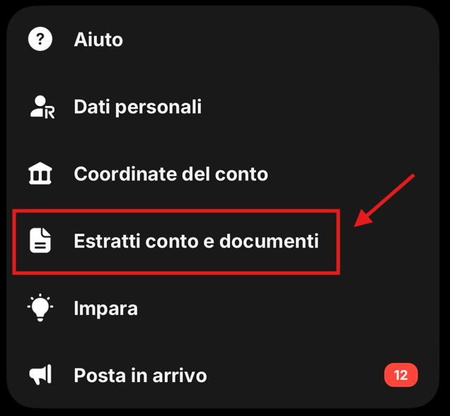 Menu profilo con voce Estratti conto e documenti evidenziata
