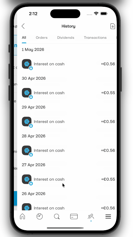 Pagina Storia del conto Invest di Trading 212 con l'icona di esportazione