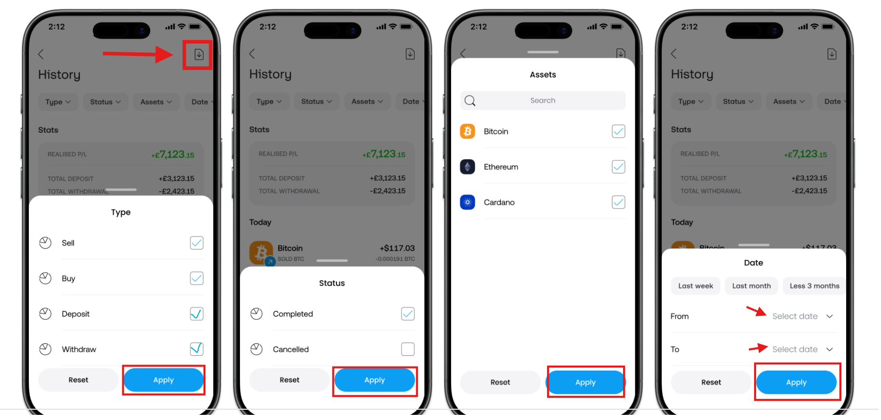 Filtri della Storia del conto Crypto di Trading 212: Type, Status, Assets e Date