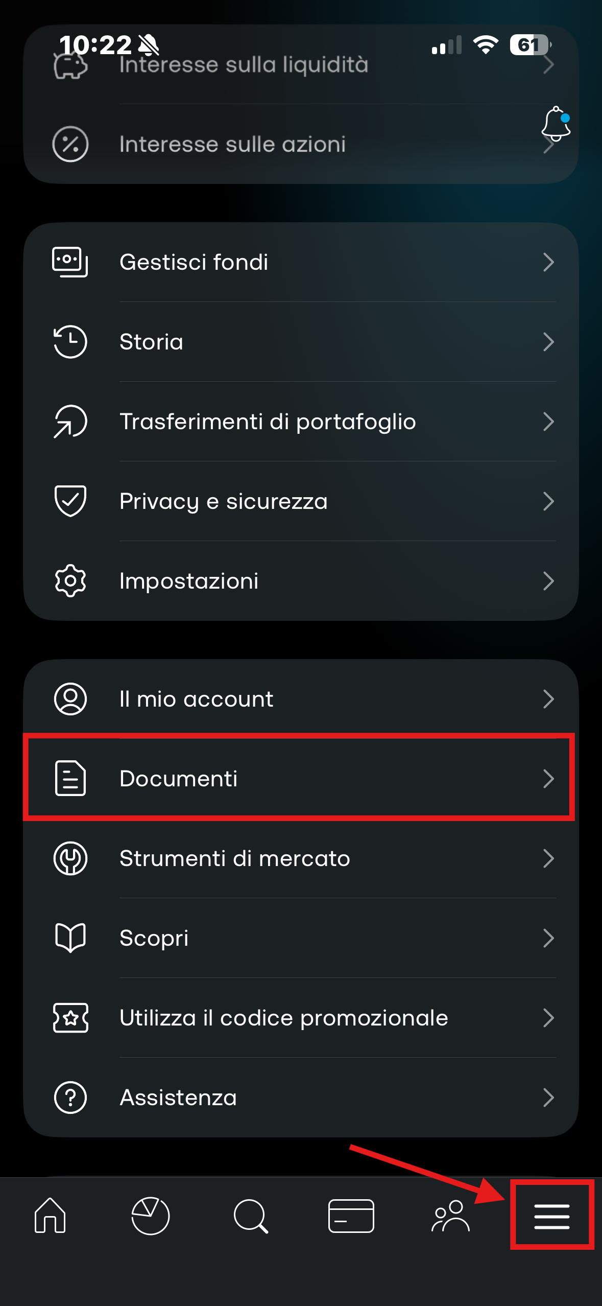Menu di Trading 212 con la voce Documenti evidenziata