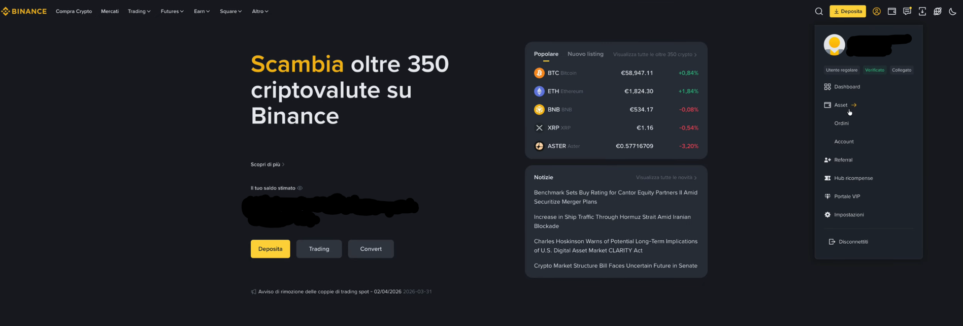 Menu profilo Binance con le voci Dashboard, Asset, Ordini e Account