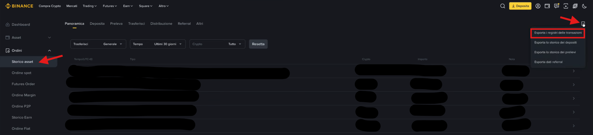 Schermata Storico asset di Binance con evidenziata l'icona di esportazione e la voce Esporta i registri delle transazioni