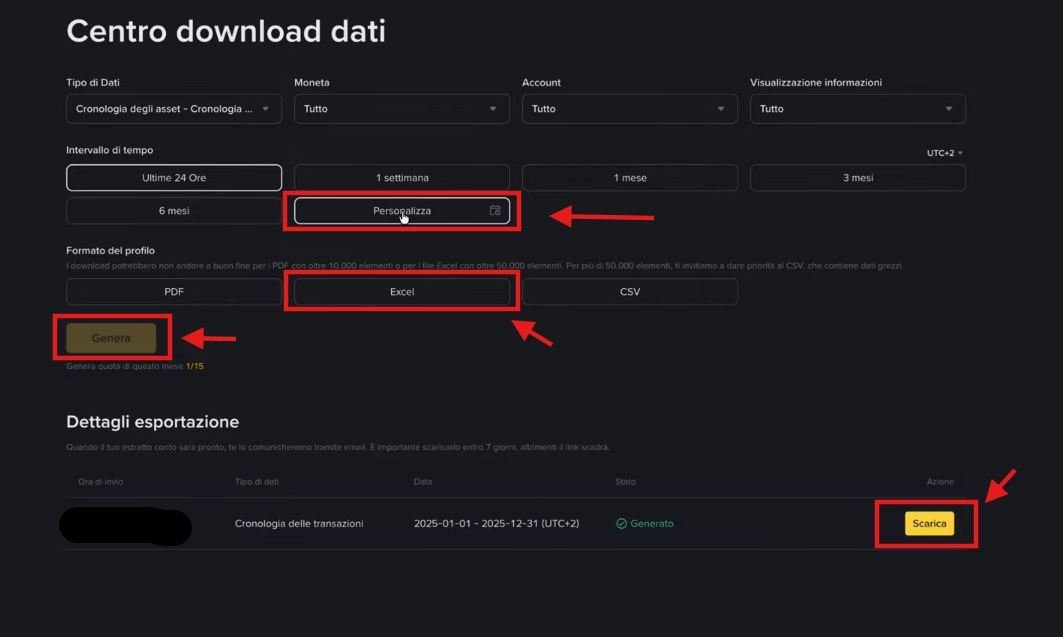 Centro download dati di Binance con evidenziati Personalizza, formato Excel, pulsante Genera e pulsante Scarica