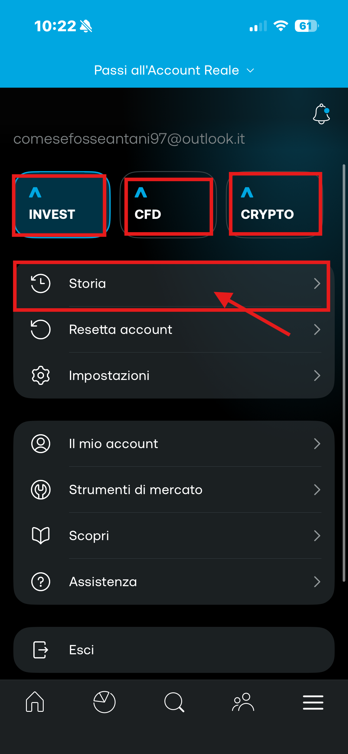Menu di Trading 212 con i tre conti Invest, CFD, Crypto e la voce Storia evidenziati