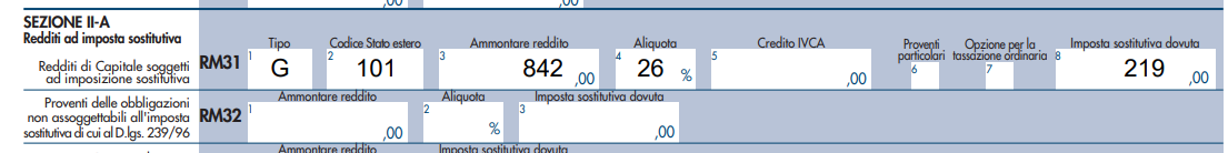Rigo RM31 del quadro RM, Modello Redditi PF 2026: esempio di interessi esteri con imposta sostitutiva del 26%