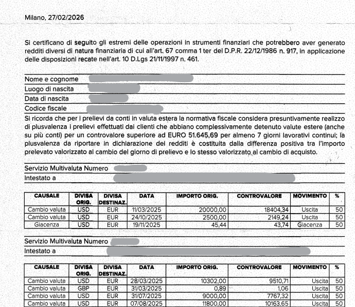 Esempio di certificazione valutaria Fineco con cambi valuta, prelievi e giacenze del conto multivaluta